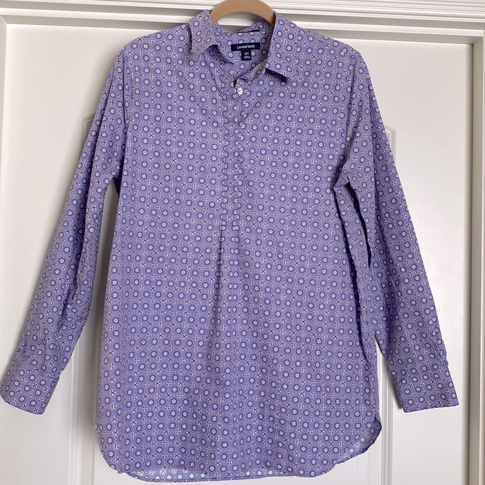 Lands End Purple Blouse Women’s kaleidoscope pattern Pop over Tunic Blouse 12T